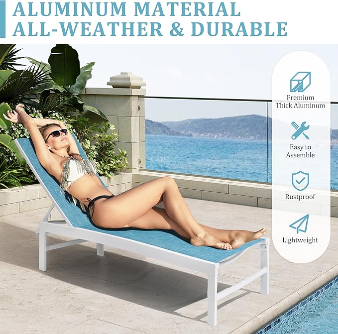 Chaise Lounge Chair, Set of 6 Outdoor Recliner Lounge Chair Sun Loungers, All Weather Chaise with 5 Adjustable Backrest and Lay Flat Positions for Garden, Balcony, Pool, Blue