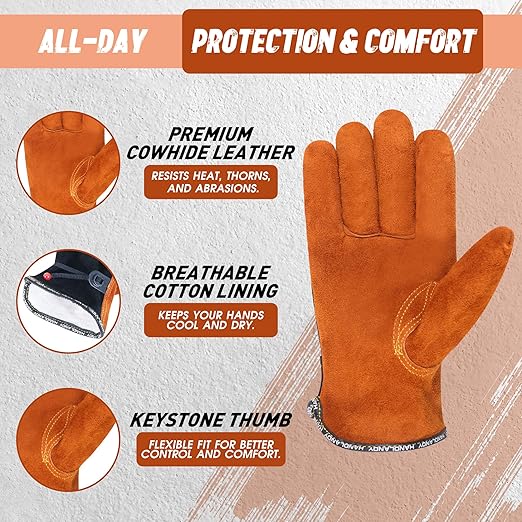 HANDLANDY HLDD 2 Pairs Leather Work Gloves for Men & Women – Cowhide Gardening Gloves, Thorn Proof, Cotton Lined, for Tig/Mig Welding, Construction, Chainsaw, Farm, Landscaping