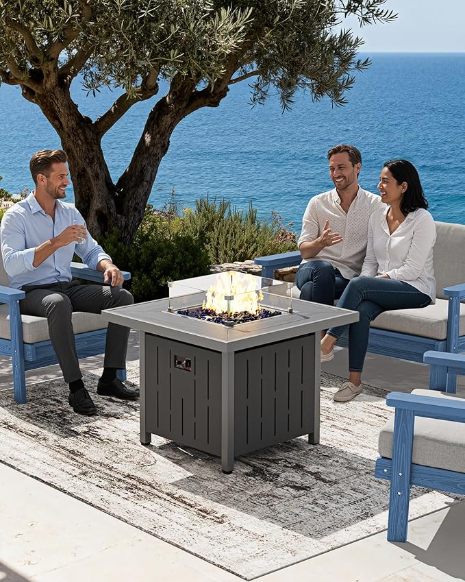 SERWALL Patio Furniture Set with 33” Fire Pit Table, HDPE Outdoor Sectional Sofa Set with Thickened Cushions, Black Frame with Grey Cushions