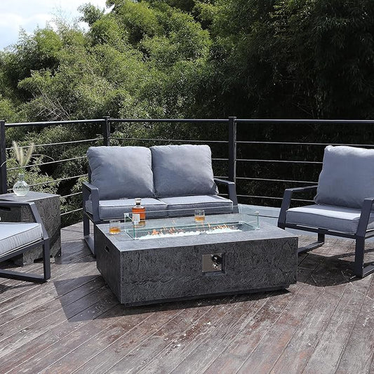 48 Inch Propane Fire Pit Table, Outdoor Rectangle Fire Table w Tank Table (50,000 BTU), 3 Piece Slate Gas Fire Pit in Dark Grey w Glass Wind Guard and White Fire Glass for Garden, Backyard