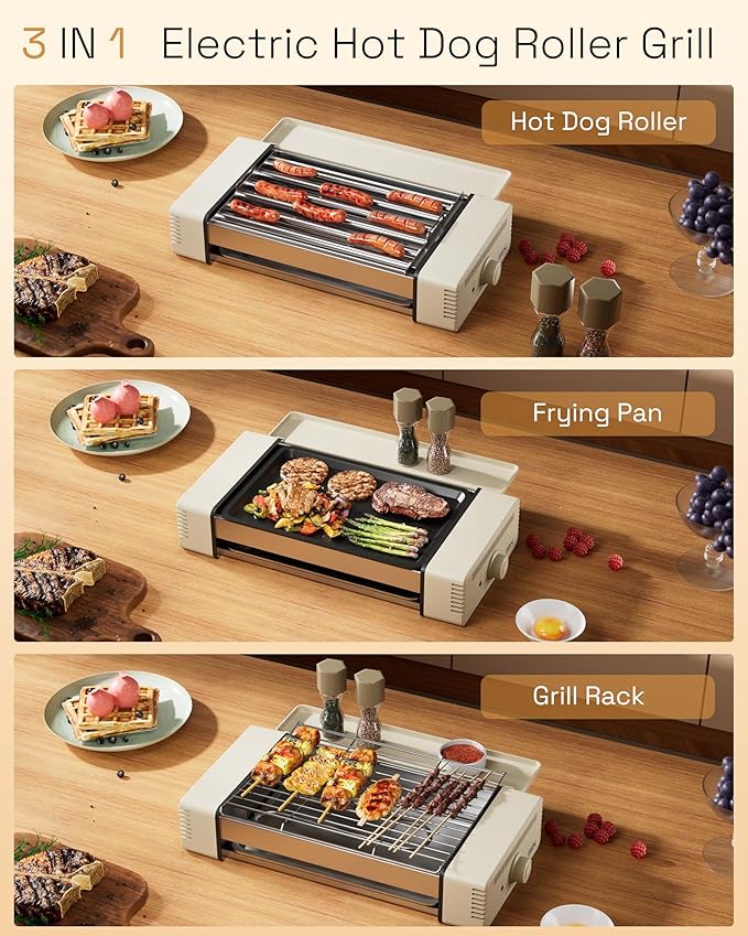 HBN 3-in-1 Hot Dog Roller Grill Machine with Nonstick Plate & Grill Rack, 800W Compact Indoor Electric Sausage Griller for Kitchen, Home, Small Space Use (Beige)