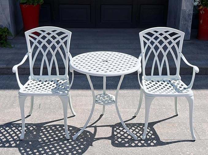 3 Piece Patio Bistro Set, Outdoor Cast Aluminum Bistro Table and Chairs Set of 2 with Umbrella Hole, All Weather Resistance Metal Bistro Table for Front Porch Set,White