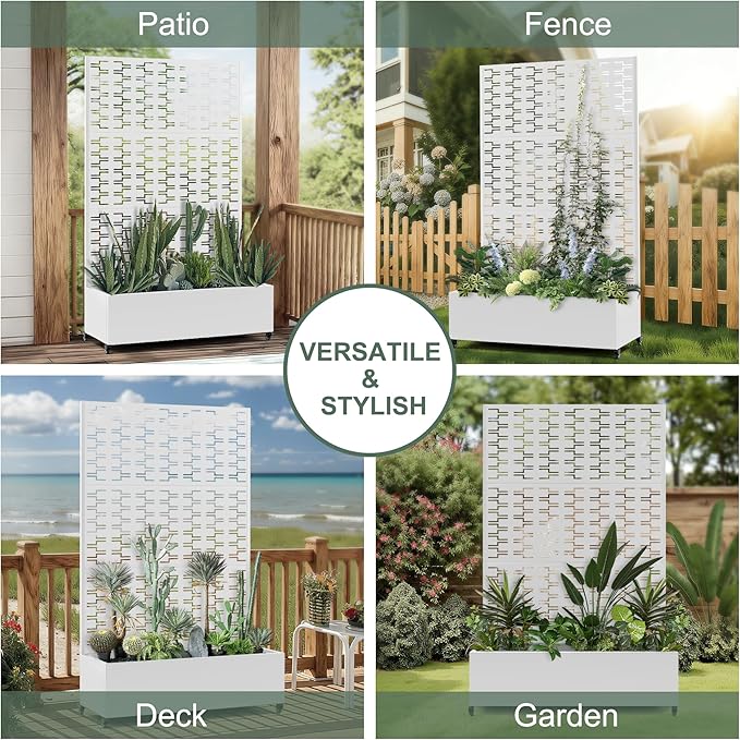 Metal Large Planter Box with Trellis, Raised Garden Beds with Privacy Screen & Wheels for Outdoor Plants, Planter Boxes with Drainage Holes (47" L×16" W×71" H, White Rectangle)