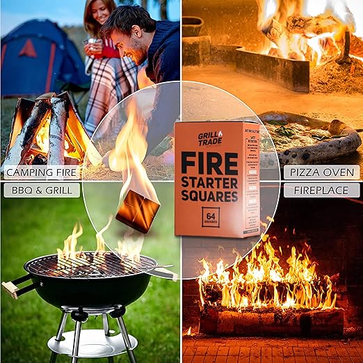 Grill Trade Fire Starter Squares - 64-Piece Fire Starters for Campfires and BBQ - Indoor Outdoor Chimney Starter for Fireplace, Wood Stove, Fire Pit - Easy, Firestarter Squares for All-Weather Use