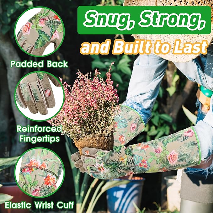 HLDD HANDLANDY Long Gardening Gloves, Leather Thorn Proof Rose Pruning Glove for Men & Women, Great Gift for Gardener
