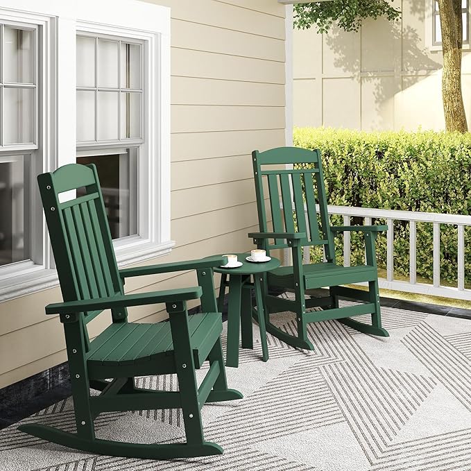 Outdoor Rocking Chairs, Oversized High Back Patio Rocking Chairs, All Weather Porch Rocking Chairs for Outside. Dark Green