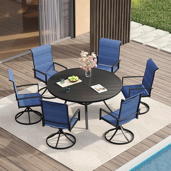 VICLLAX 7 Pieces Patio Dining Set for 6, All Weather Outdoor Furniture - 47.2" Round Patio Table and Swivel Padded Chairs, Black Tabletop and Blue Fabric
