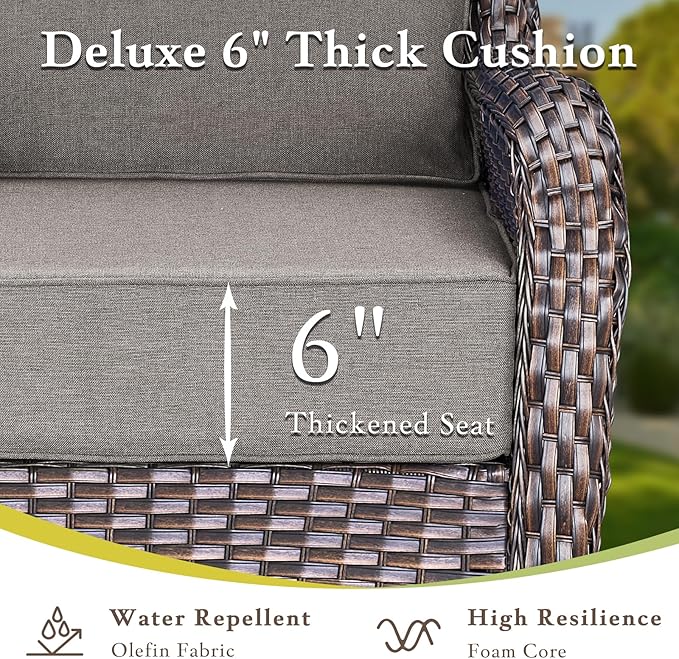 Luxury Outdoor Swivel Rocker Patio Chairs, High Back Swivel Patio Chairs with Side Table & 6-Inch Thick Cushions, Wicker Outdoor Bistro Set for Porch, Yard, Deck, Poolside, Brown/Grey