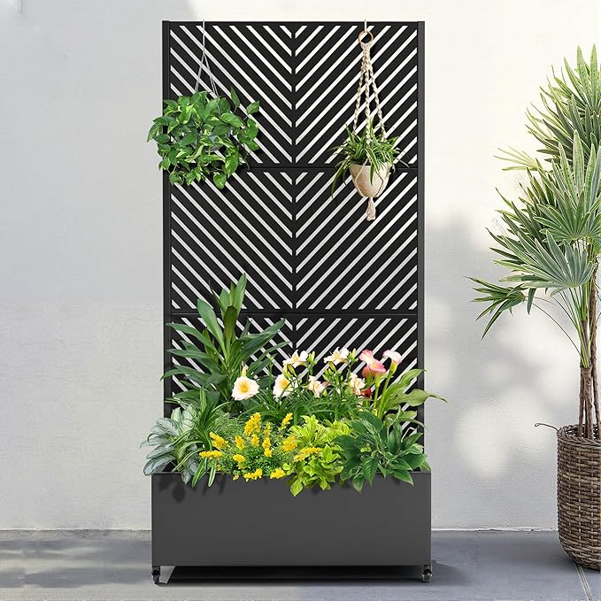 FENCY Metal Raised Garden Bed with Wheels and Trellis,73"x35"x16" Planter Box for Climbing Plants, Vegetables & Vines, Features Privacy Screen and Drainage Holes (Black-Arrow)