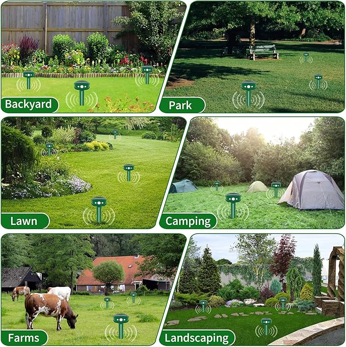 4 Pack Upgraded Mole Repellent Solar Powered with Flash Light, IP65 Waterproof Gopher Repellent Ultrasonic for Snake, Gopher, Vole, Raccoon, Squirrel, Rabbit and Rodent, Ideal for Yard and Lawn
