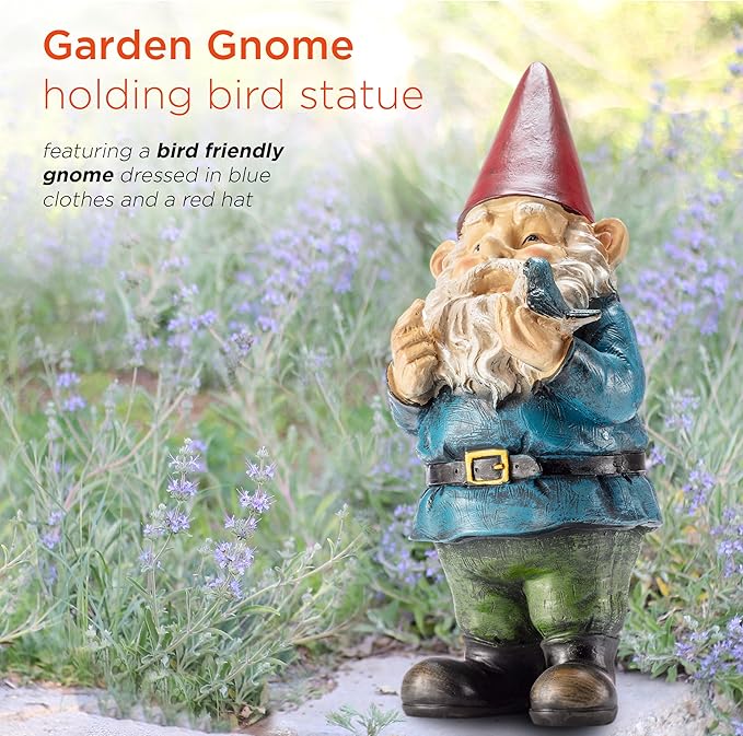 Alpine Corporation | 12"H Outdoor Garden Gnome Yard Statue with Bird Accent — Whimsical Hand-Painted Décor for Lawn, Patio & Flower Beds — Multicolor Finish