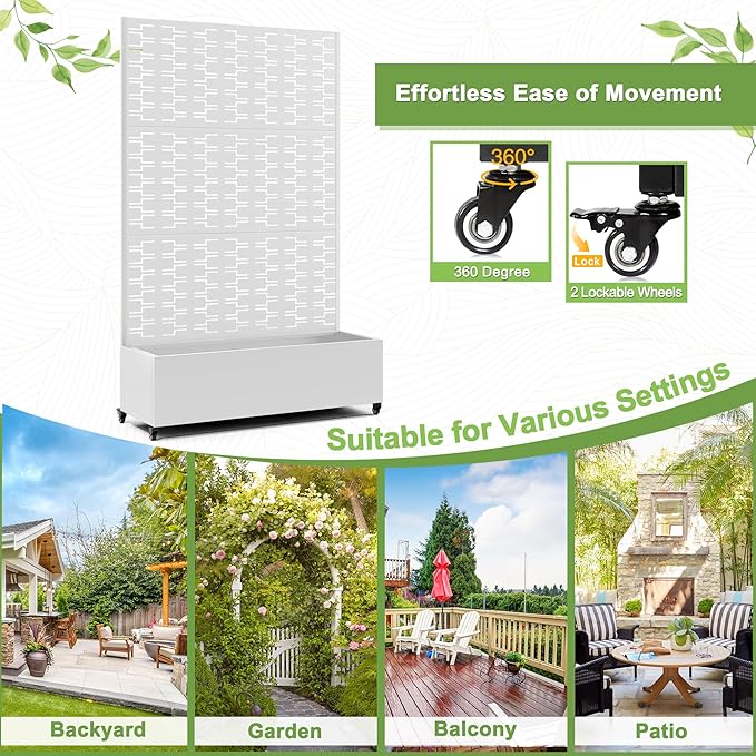 FENCY Metal Raised Garden Bed with Wheels and Trellis,73"x47"x16" Planter Box for Climbing Plants, Vegetables & Vines, Features Privacy Screen and Drainage Holes (White-Brick)