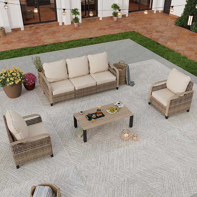 UDPATIO 4-Piece Patio Furniture Set, Outdoor Couch with 105-Degree Ergonomic High Back, Yellow Rattan Patio Conversation Sets for Deck, Yard, and Poolside, Beige
