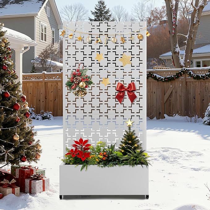 FENCY Metal Raised Garden Bed with Wheels and Trellis,73"x35"x16" Planter Box for Climbing Plants, Vegetables & Vines, Features Privacy Screen and Drainage Holes (White-Square)