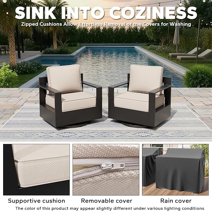 Aluminum Outdoor Swivel Rocker Chairs Set of 2 - All Weather Use Porch Furniture, 2 Pieces 360 Degree Swivel Glider Patio Chairs with 6" Water-Resistant Cushion & Chair Covers (Beige)