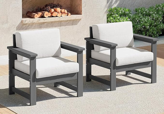 SERWALL 2 Pieces Single Cushioned Sofa Chair, Grey HDPE Outdoor Adirondack Lounge Armchair with Khaki Cushion