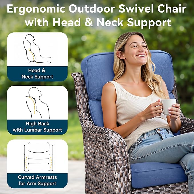 Luxury High Back Outdoor Swivel Rocker Patio Chairs with Side Table & 6-Inch Thick Cushions, 2 Pieces Patio Furniture Set for Porch, Balcony, Deck and Yard