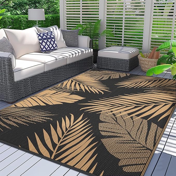 GENIMO 9'x12' Outdoor Rug Waterproof for Patio Decor, Reversible Plastic Straw Rug Carpet, Camping Mats for Outdoor, RV, Backyard, Deck, Balcony, Picnic, Mix Black & Brown