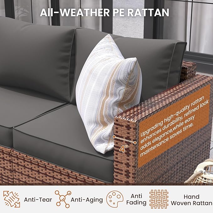 UDPATIO Patio Furniture Set with 44" Fire Pit Table, 6 Pieces Outdoor Conversation Sectional Furniture Sets Wicker Rattan Outdoor Sofa Ottoman with Waterproof Covers for Porch Deck Backyard Grey