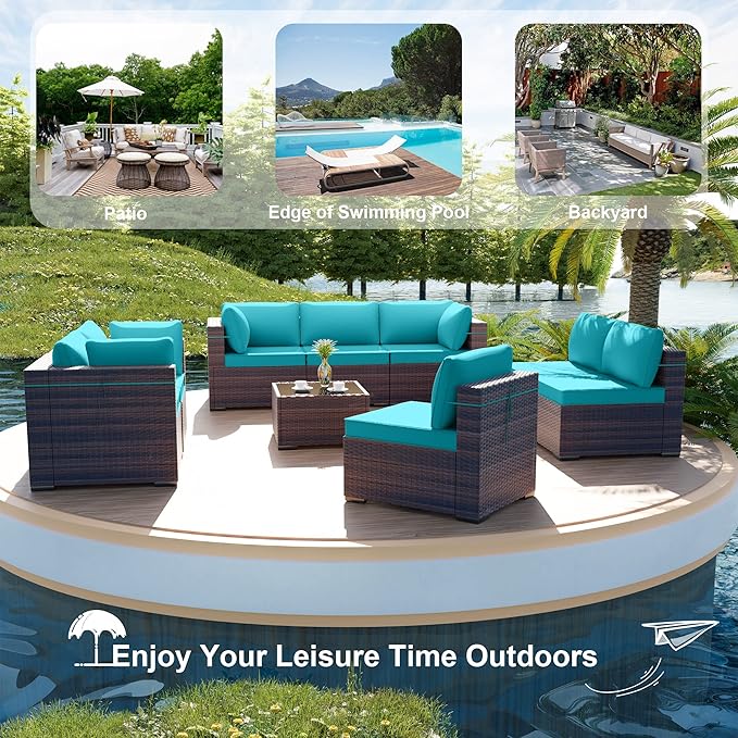 ALAULM Patio Furniture Set with Coffee Table, 9 Pieces Outdoor Sectional with Wide Seat and Thick Cushion, All Weather Wicker Rattan Conversation Set for Backyard, Garden, Deck, Turquoise