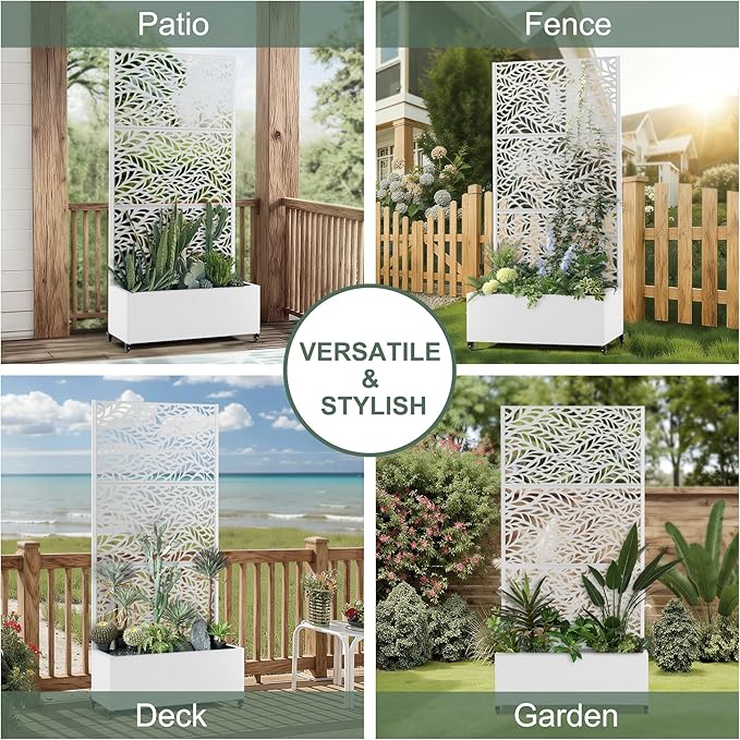 Metal Standing Planter Box with Trellis, Privacy Planter for Patio, Outdoor Raised Garden Beds with Trellis for Climbing Plants, Garden Boxes with Wheels & Drainage Holes (35"L, White Spring)