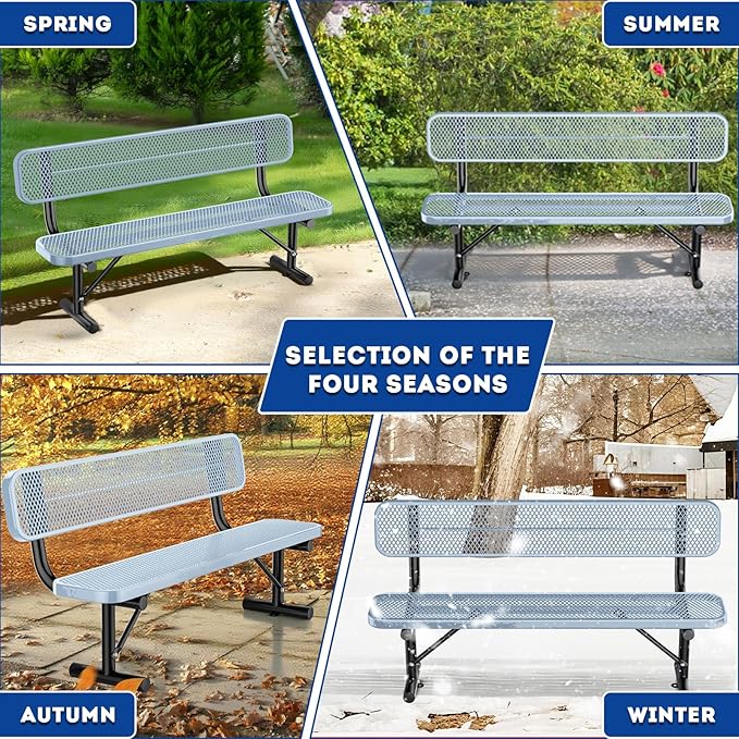 Heavy Duty Park Bench for Outside, Metal Park Bench with Back Portable Frame, Outdoor Steel Mesh Garden Bench with Backrest for Garden, Lawn, Patio, Porch, Park, Yard (Grey, 6FT/73INCH)
