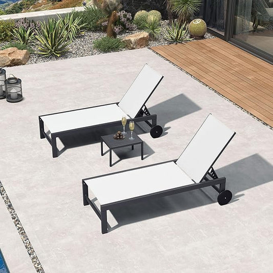 PURPLE LEAF Patio Lounge Chair Set for 2 Outdoor Chaise Lounge with Adjustable Backrests and Wheels Aluminum Reclining Pool Chair for Outside Yard Poolside Table Included, Linen