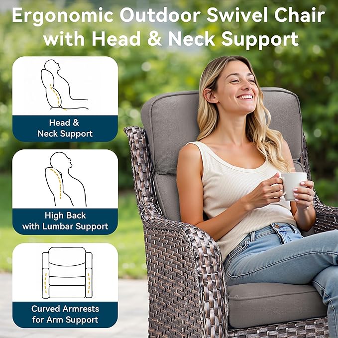 Luxury High Back Outdoor Swivel Rocker Patio Chairs with Side Table & 6-Inch Thick Cushions, 3 Pieces Patio Furniture Set for Porch, Balcony, Deck and Yard