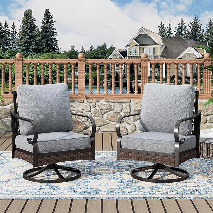 Outdoor Patio Swivel Sofa Chairs Set of 2 Steel Frame Porch Furniture with Deep Seating and 5.75" Cushions for Lawn Backyard Deck, Grey