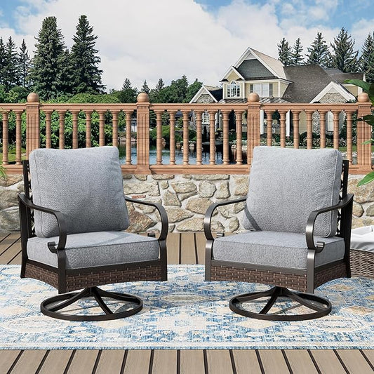 Outdoor Patio Swivel Sofa Chairs Set of 2 Steel Frame Porch Furniture with Deep Seating and 5.75" Cushions for Lawn Backyard Deck, Grey