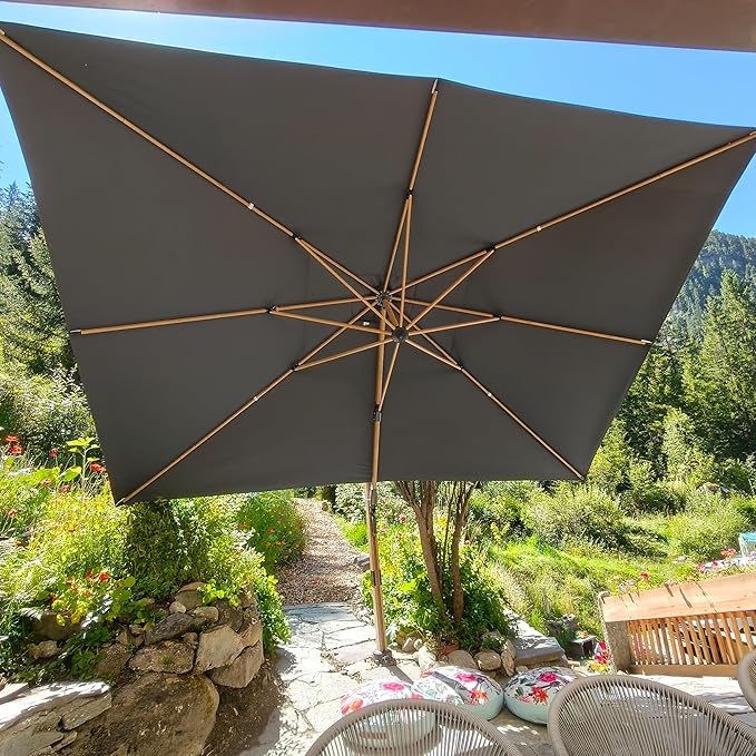 PURPLE LEAF 10‘ x 13’ Rectangle Patio Cantilever Umbrella With Base Large Hanging Umbrella Teak Finished Aluminum Frame Windproof Offset Outdoor Sun Umbrellas for Beach Pool Deck, Grey