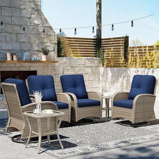 Joyside Outdoor Swivel Rocker Chairs, 6 Piece Wicker Patio Set with Thick Cushion and Side Table, Rattan Patio Swivel Rocking Chairs for Porch, Deck Use (Natural/Blue, 6 PCS)
