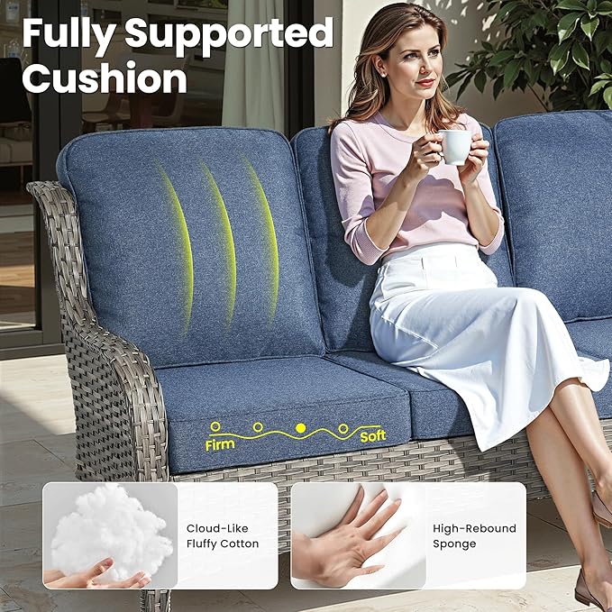 ovios 6-Pieces Patio Furniture Set with Swivel Chairs, Outdoor Wicker Sofa Couch Gliders Rocker Comfy Cushions, High Back Modern Conversation Set, Grey Rattan, Denim Blue