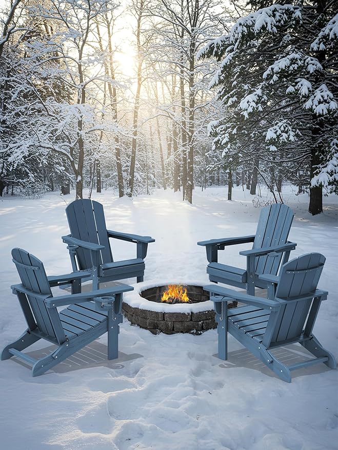 KINGYES Folding Adirondack Chair with Dual Cup Holders - HDPE All-Weather Outdoor Chairs, Wood-Like Patio Chair for Backyard, Camping, Pool & Fire Pit, Navy