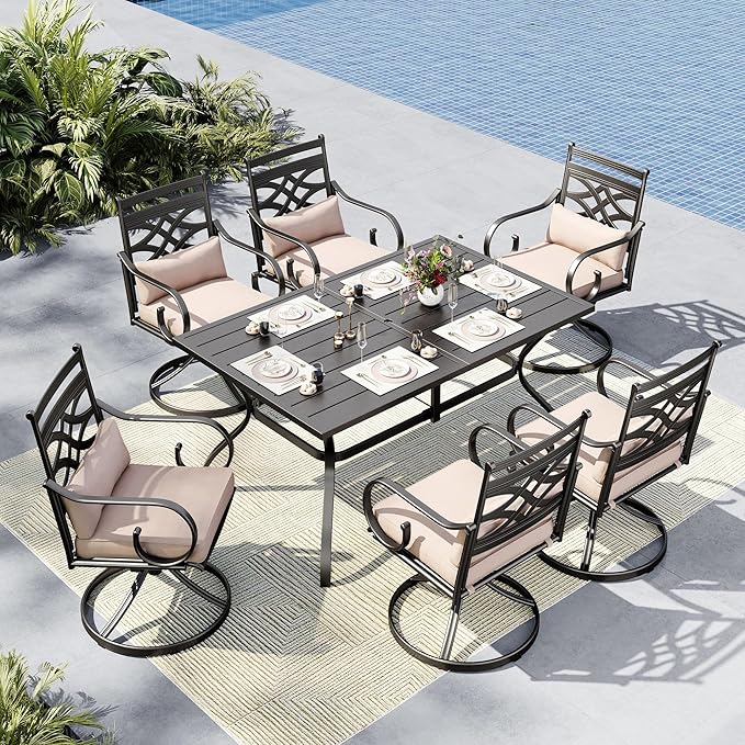 MFSTUDIO Patio Table and Chairs Set of 6, Patio Dining Sets with Swivel Chairs, 7 Piece Outdoor Dining Set with Umbrella Hole, Outdoor Patio Furniture Set for Deck Backyard Garden