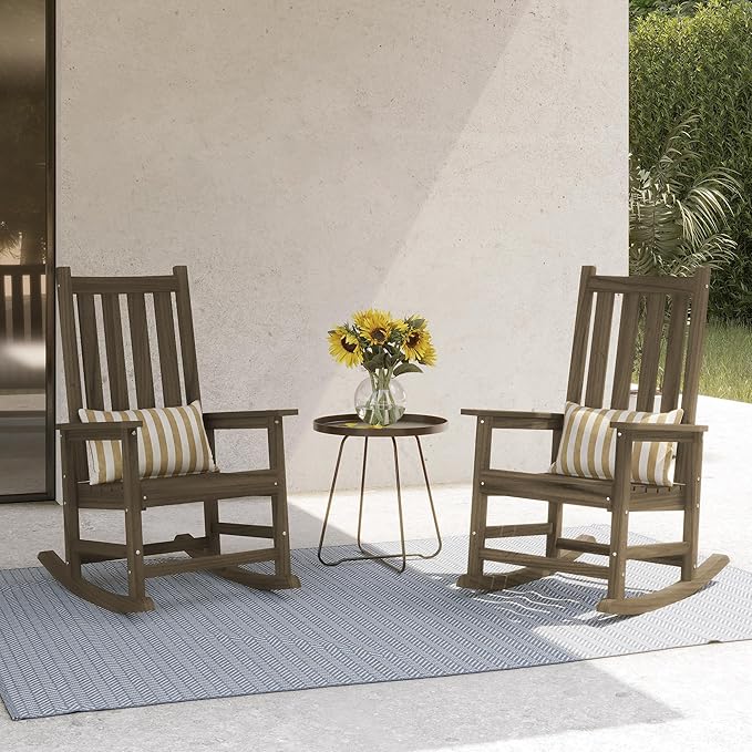 HDPE Outdoor Rocking Chair, Oversized Rocking Chairs with Widened Seats & High Backs, Weather & Fade Resistant Porch Rockers for Patio, Deck & Porch - Light Brown
