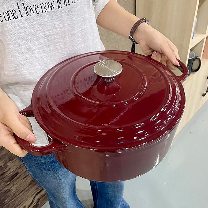 Commercial Grade, Cast Iron Enameled Cookware (Dark Red, Duch Oven 7qt)