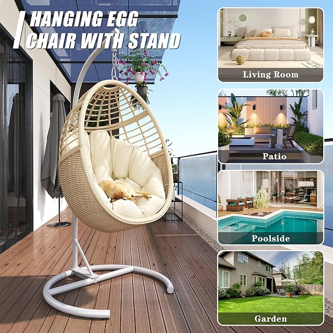 Hanging Egg Chair Swing Chair with Stand Wicker Rattan Chairs for Indoor Outdoor Patio Bedroom Hammock Chair with Steel Frame and Cushion(Color: Beige)
