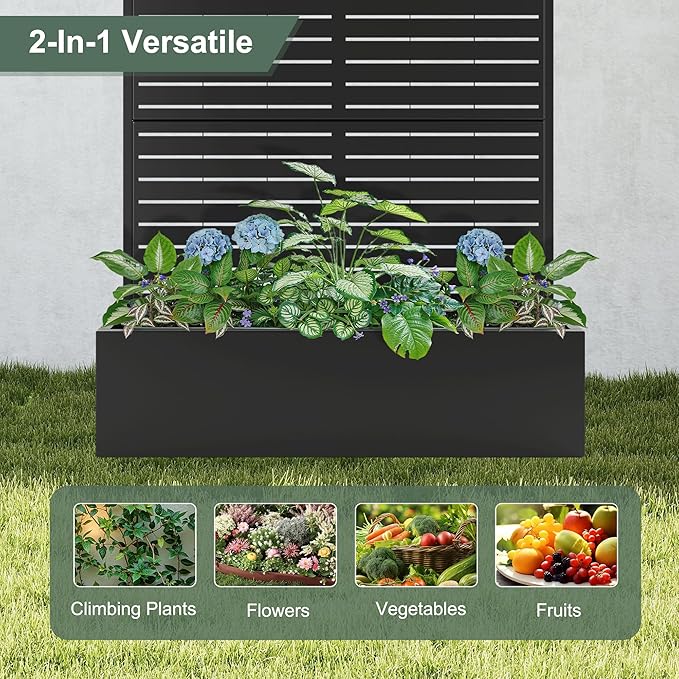 Metal Planter Box with Trellis Privacy Screen, Large Raised Garden Beds with Trellis for Climbing Vegetables Plants, Privacy Planters with Drainage Holes for Patio (47"L×16"W×71"H, Black Blinds)