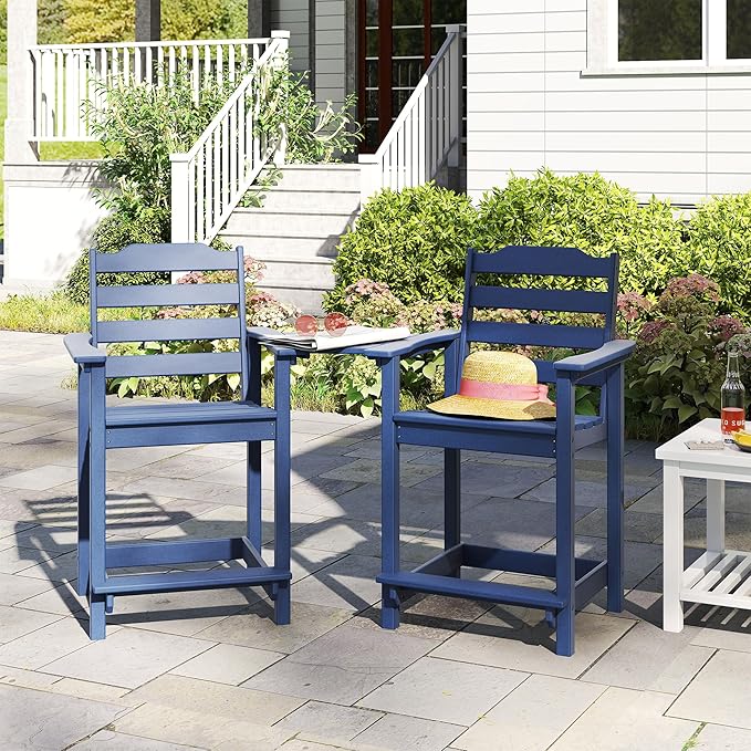 OTSUN Tall Adirondack Chair Set of 2, HDPE Counter-Height Balcony Chairs for Garden, Backyard, Poolside, Capacity 220LBS (2 PCS, Navy Blue)