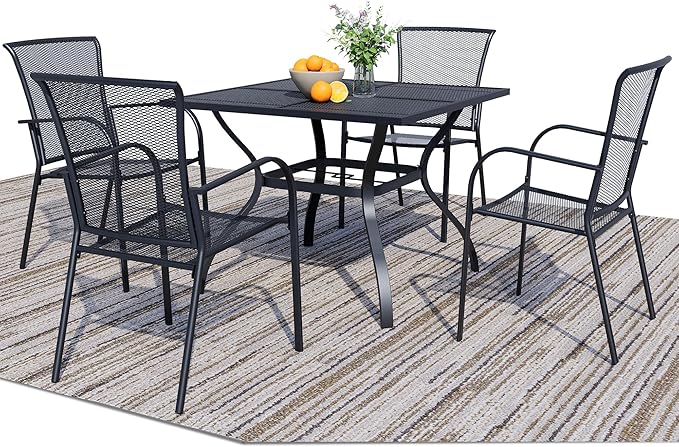 5 Piece Outdoor Dining Set, Patio Dining Set for 4, 37.5" Black Square Mesh Table with 4 All Weather Mesh Outdoor Dining Chairs for Lawn, Garden, Porch