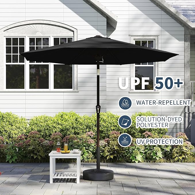 PatioKingdom 11FT Patio Umbrella,Outdoor Umbrella with Push Button Tilt and Crank,Market Table Umbrella with 8 Sturdy Fiberglass Ribs UV Protection(Black, 11FT)