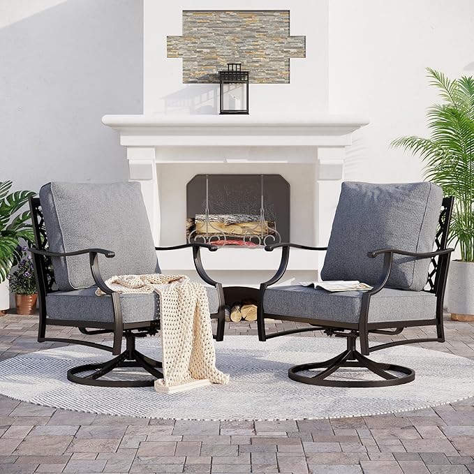 Metal Outdoor Swivel Patio Chairs Set of 2 with 5.75" Extra Thick Cushion, 2 Piece High Back Swivel Rocker Patio Chairs Outdoor Furniture Seating for Deck Balcony Front Porch, Gray