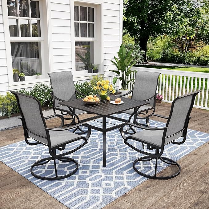 MFSTUDIO Patio Table and Chairs Set of 4, Outdoor Dining Set with Umbrella Hole, 5 Piece Patio Furniture Set for Deck Backyard Poolside Garden