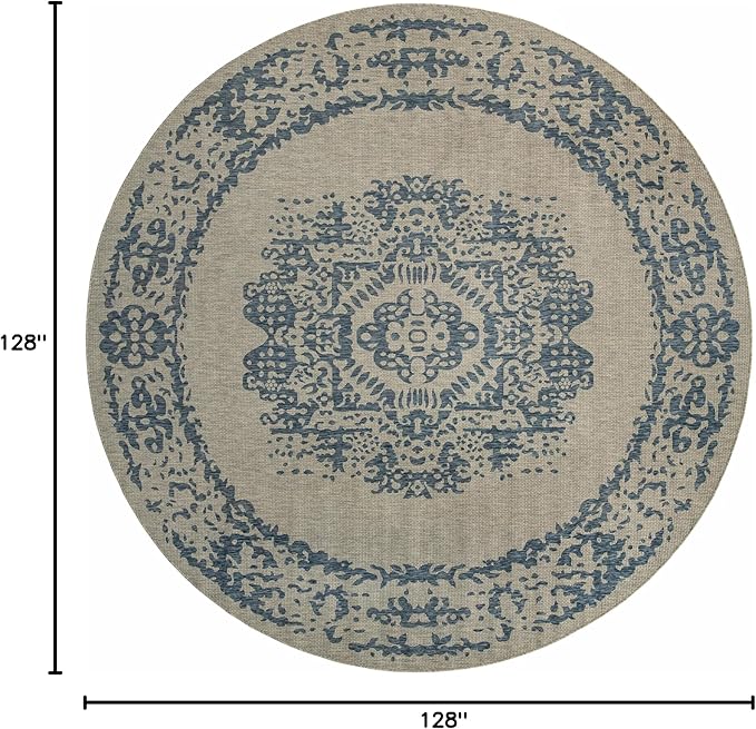 Unique Loom Outdoor Traditional Collection Area Rug - Timeworn (10' 8" Round Blue/Gray)