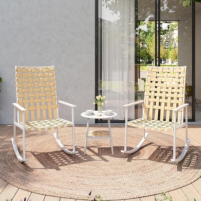 3-Piece Outdoor Patio Furniture Set, Rocking Bistro Conversation Set with 2-Tier Side Coffee Table, Front Porch Furniture for Lawn, Garden, Balcony, Poolside (Beige)
