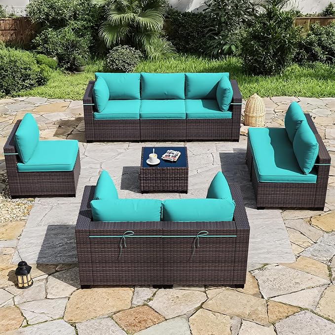 ALAULM Patio Furniture Set with Coffee Table, 9 Pieces Outdoor Sectional with Wide Seat and Thick Cushion, All Weather Wicker Rattan Conversation Set for Backyard, Garden, Deck, Turquoise