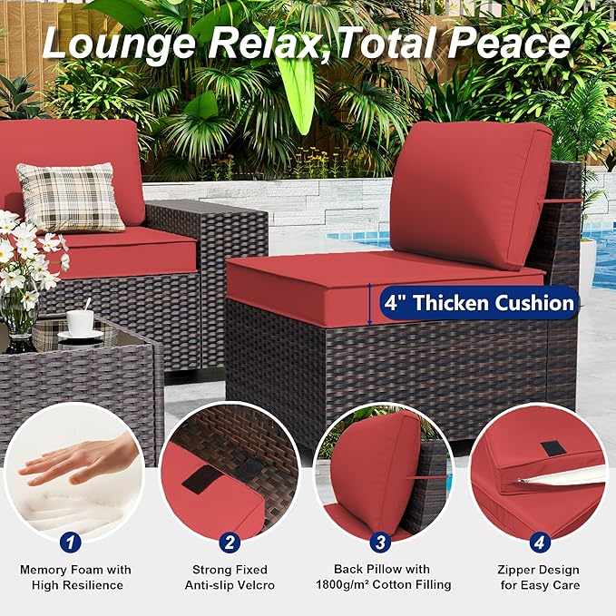 Outdoor Patio Furniture Set with Gas Fire Pit Table, 13 Pieces Outdoor Furniture Set Patio Sectional Sofa w/43in Propane Fire Pit, PE Wicker Rattan Patio Conversation Sets - Red