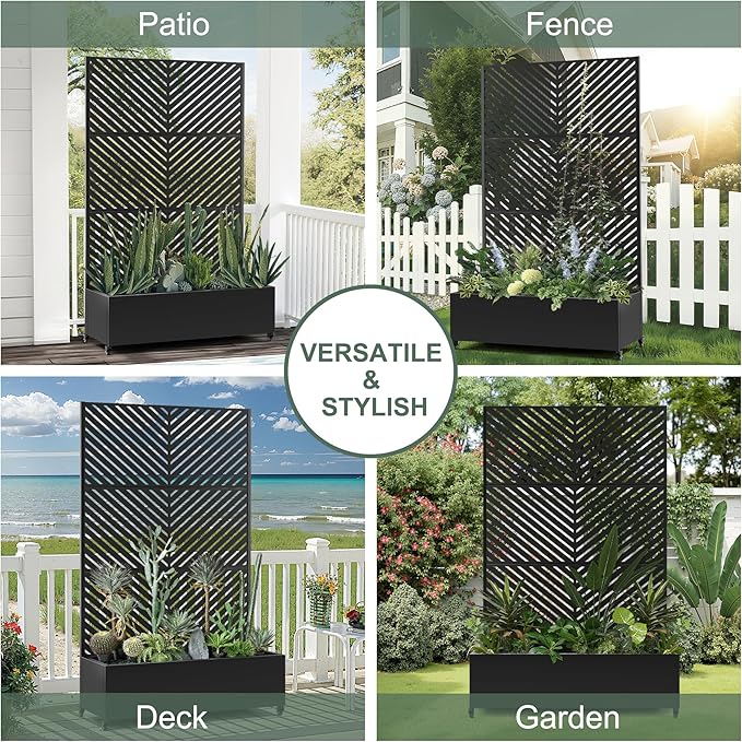 Large Metal Raised Garden Beds with Privacy Screen, Standing Planter Box with Trellis & Wheels for Outdoor Climbing Plants, Garden Boxes with Drainage Holes for Patio (47"L, Black Parallel)