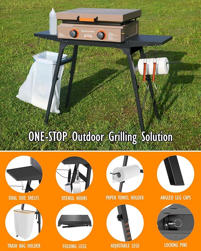 Upgraded Griddle Stand for Blackstone 22”/17”, Portable Blackstone Stand with Adjustable Legs, Side shelfs, Tool Hooks, Garbage Bag Holder & Paper Towel Holder, Grill Stand for Outdoor Cooking/Camping